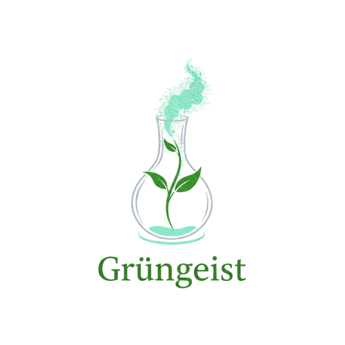 Dieses Logo zeigt eine stilisierte, bauchige Glasflasche mit einem schlanken Hals. Im Inneren der Flasche wächst eine einzelne, dunkelgrüne Pflanze mit zwei Blättern von einem helltürkisen Bodensubstrat. Aus dem Hals der Flasche steigt ein ätherischer Wirbel aus helltürkisen Punkten und feinen goldenen Sprenkeln auf, der den "Geist" oder die "Magie" symbolisiert. Unterhalb der Flasche steht in einer klaren, dunkelgrünen Schrift der Markenname "Grüngeist". Der Hintergrund ist transparent.